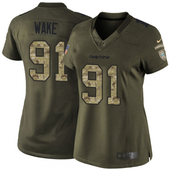 Women's Nike Miami Dolphins #91 Cameron Wake Elite Green Salute to Service NFL Jersey - Ujersey