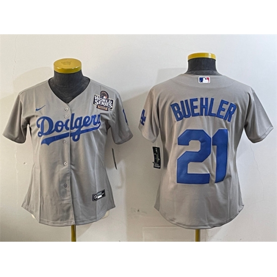 Women's Los Angeles Dodgers #21 Walker Buehler Grey 2024 World Series Cool Base Stitched Baseball Jersey(Run Small) - Ujersey