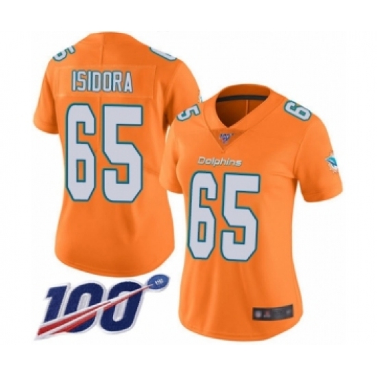 Women's Miami Dolphins #65 Danny Isidora Limited Orange Rush Vapor Untouchable 100th Season Football Jersey - Ujersey