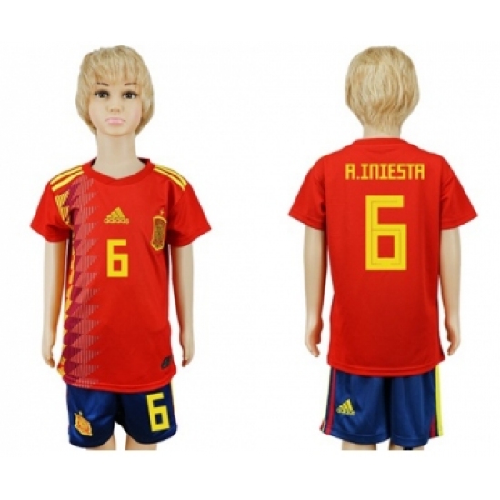 Spain #6 A.Iniesta Red Home Kid Soccer Country Jersey