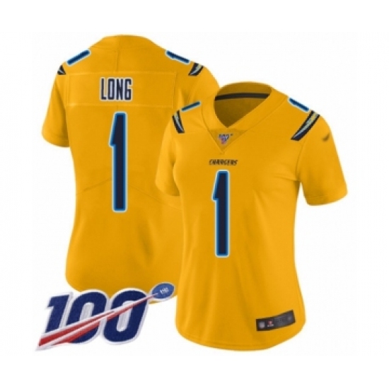Women's Los Angeles Chargers #1 Ty Long Limited Gold Inverted Legend 100th Season Football Jersey - Ujersey