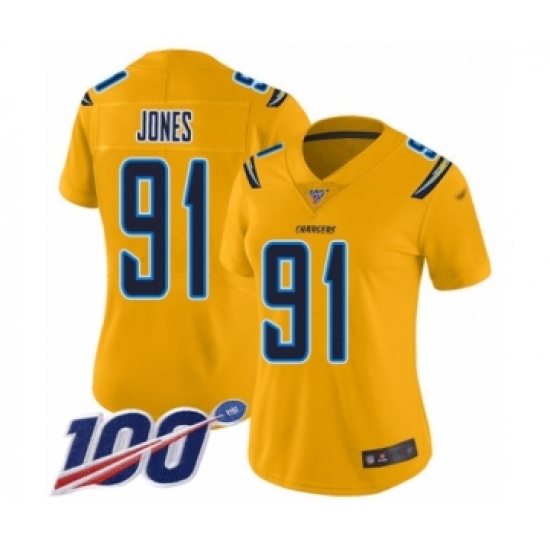 Women's Los Angeles Chargers #91 Justin Jones Limited Gold Inverted Legend 100th Season Football Jersey - Ujersey