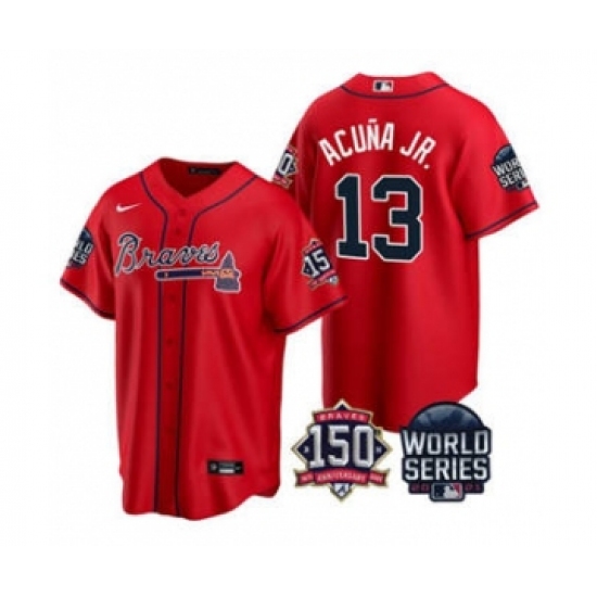 Men's Atlanta Braves #13 Ronald Acuna Jr. 2021 Red World Series With 150th Anniversary Patch Cool Base Baseball Jersey - Ujersey
