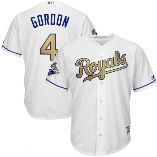 Youth Majestic Kansas City Royals #4 Alex Gordon Authentic White 2015 World Series Champions Gold Program Cool Base MLB Jersey - Ujersey