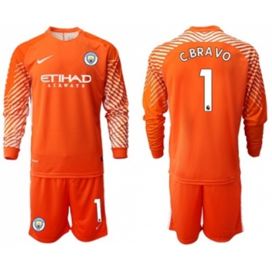 Manchester City #1 C.Bravo Orange Goalkeeper Long Sleeves Soccer Club Jersey