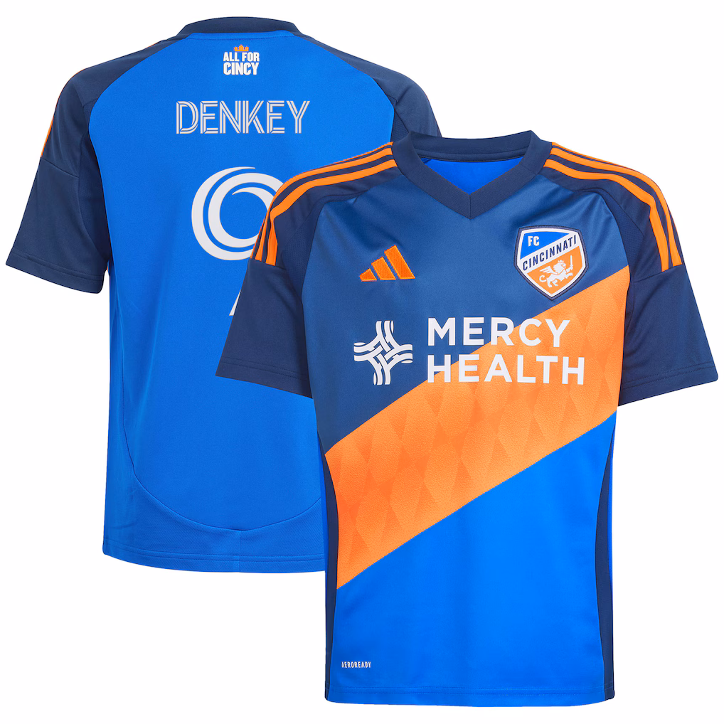 Youth FC Cincinnati Kévin Denkey adidas Blue 2025 Orange and Blue Legacy Kit Replica Player Jersey - Ujersey NHL
