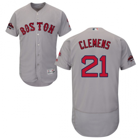 Men's Majestic Boston Red Sox #21 Roger Clemens Grey Road Flex Base Authentic Collection 2018 World Series Champions MLB Jersey