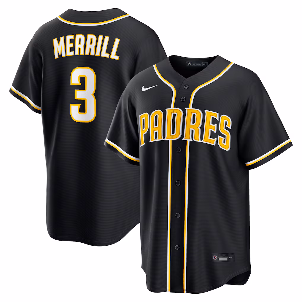 Men's San Diego Padres Jackson Merrill Nike Fashion Replica Black Out Jersey - Vujersey Los Angeles Rams