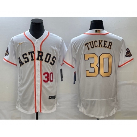 Men's Houston Astros #30 Kyle Tucker Number 2023 White Gold World Serise Champions Flex Base Stitched Jersey2 - Ujersey