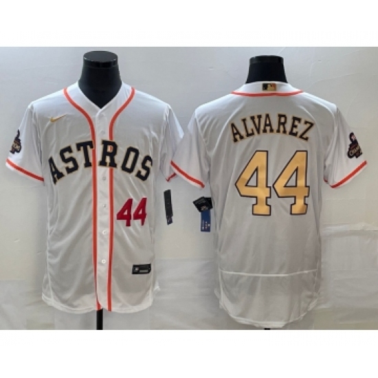 Men's Houston Astros #44 Yordan Alvarez Number 2023 White Gold World Serise Champions Flex Base Stitched Jersey2 - Ujersey