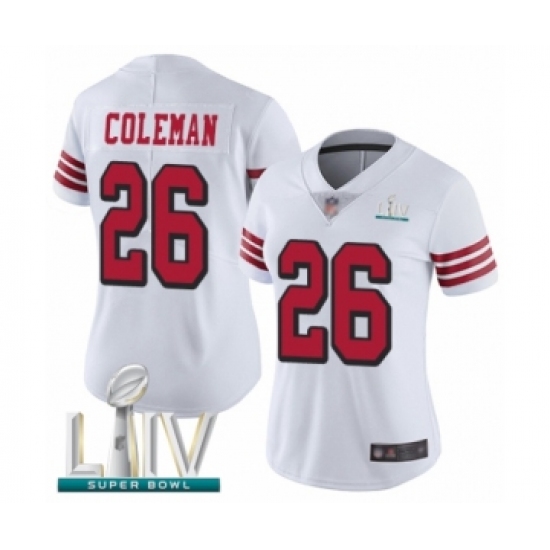 Women's San Francisco 49ers #26 Tevin Coleman Limited White Rush Vapor Untouchable Super Bowl LIV Bound Football Jersey - Ujersey