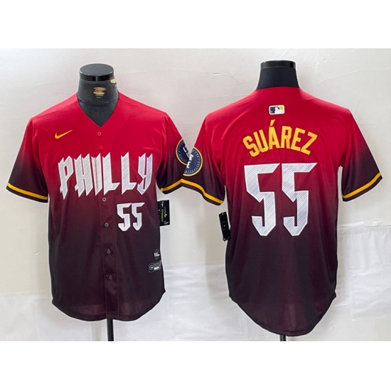 Mens Philadelphia Phillies #55 Ranger Suarez Red 2024 City Player Number Cool Base Jersey