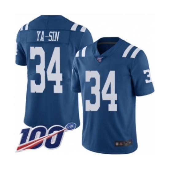 Men's Indianapolis Colts #34 Rock Ya-Sin Limited Royal Blue Rush Vapor Untouchable 100th Season Football Jersey - Ujersey