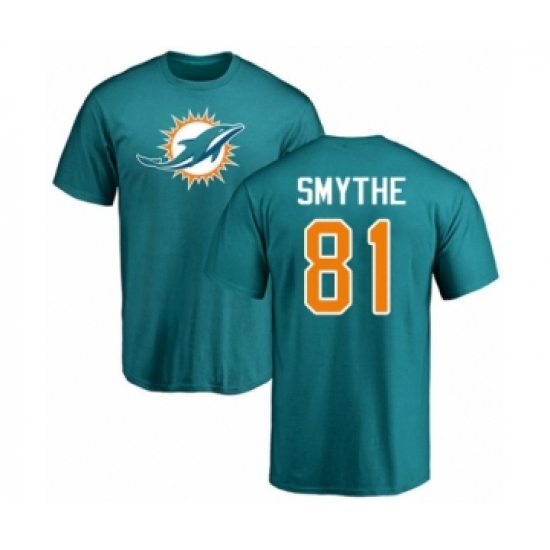 Football Miami Dolphins #81 Durham Smythe Aqua Green Name & Number Logo T-Shirt - Ujersey
