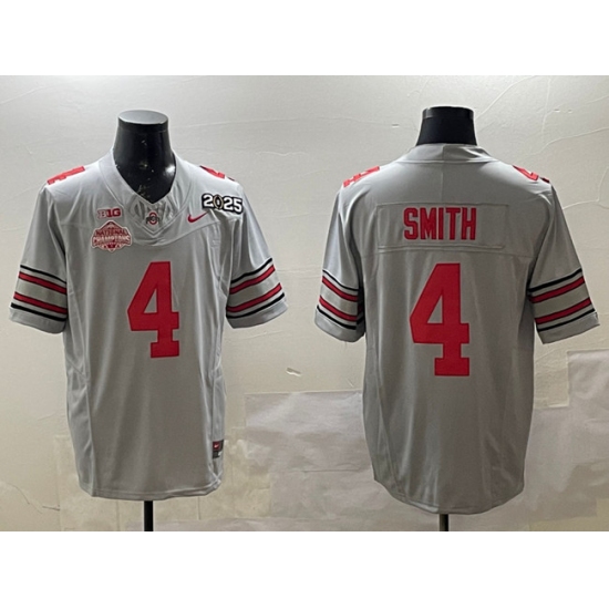 Men's Ohio State Buckeyes #4 Jeremiah Smith Grey 2025 CFP Final With National Champions F.U.S.E. Vapor Limited Stitched Football Jersey - Ujersey