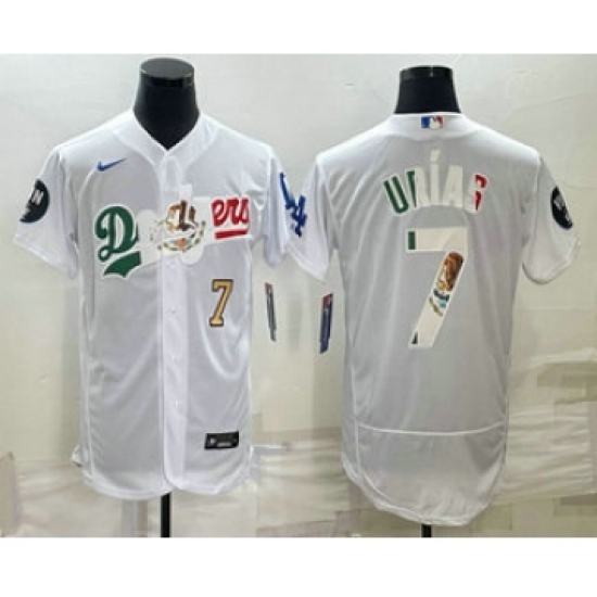 Men's Los Angeles Dodgers #7 Julio Urias Number White With Vin Scully Flex Base Stitched Baseball Jersey - Ujersey