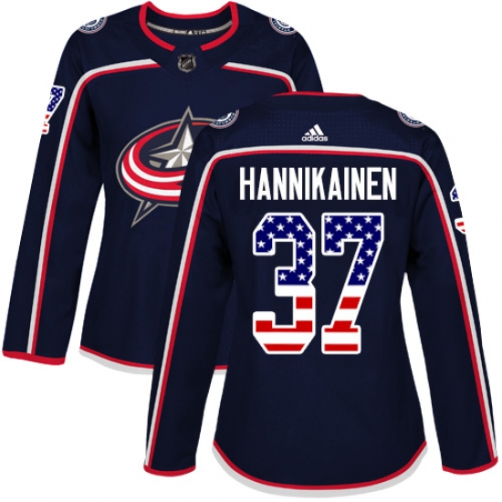 Women's Adidas Columbus Blue Jackets #37 Markus Hannikainen Authentic Navy Blue USA Flag Fashion NHL Jersey - Ujersey
