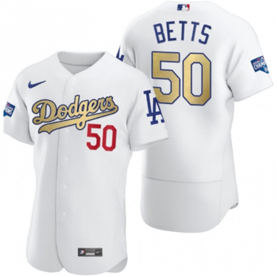 Men's Los Angeles Dodgers #50 Mookie Betts Olive Gold 2020 World Series Champions Authentic Jersey - Ujersey
