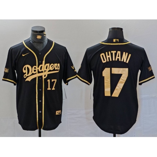 Men's Los Angeles Dodgers #17 Shohei Ohtani Number Black Gold World Series Champions Cool Base Stitched Jersey