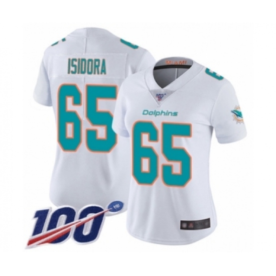 Women's Miami Dolphins #65 Danny Isidora White Vapor Untouchable Limited Player 100th Season Football Jersey - Ujersey