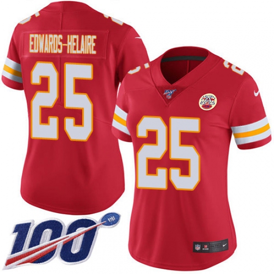 Women's Kansas City Chiefs #25 Clyde Edwards-Helaire Red Team Color Stitched 100th Season Vapor Untouchable Limited Jersey - Ujersey