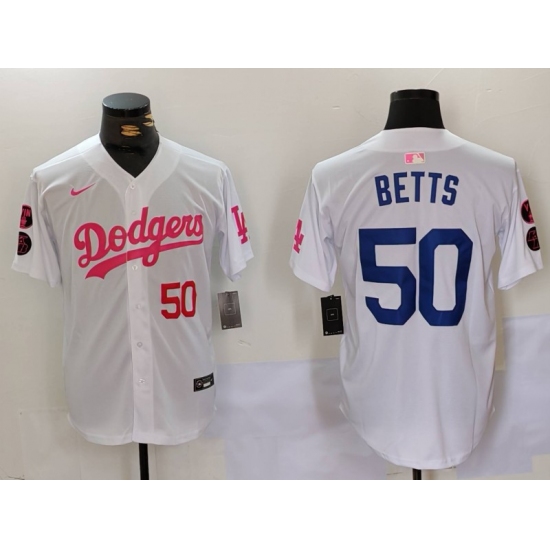 Men's Los Angeles Dodgers #50 Mookie Betts White Pink Vin & Kobe Stitched Baseball Jersey - Ujersey