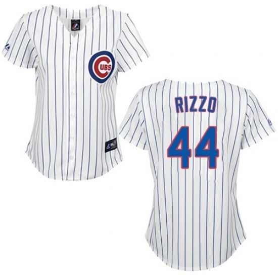 Women's Majestic Chicago Cubs #44 Anthony Rizzo Authentic White/Blue Strip Fashion MLB Jersey - Ujersey