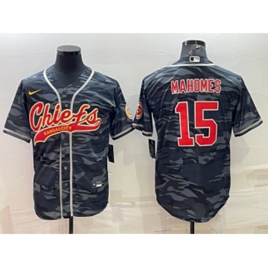 Men's Kansas City Chiefs Blank #15 Patrick Mahomes Grey Navy Camo With Patch Cool Base Stitched Baseball Jersey - Ujersey