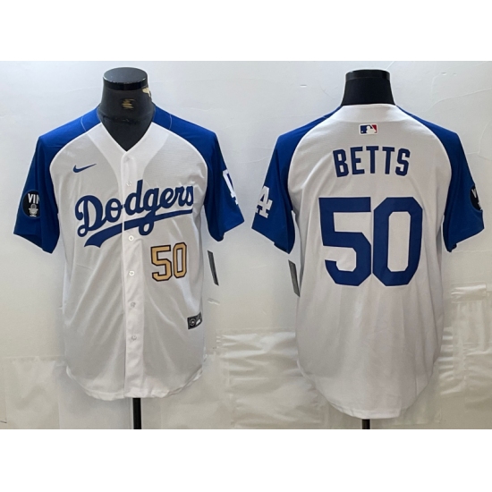 Mens Los Angeles Dodgers #50 Mookie Betts Number White Blue Fashion Stitched Cool Base Limited Jersey - Ujersey