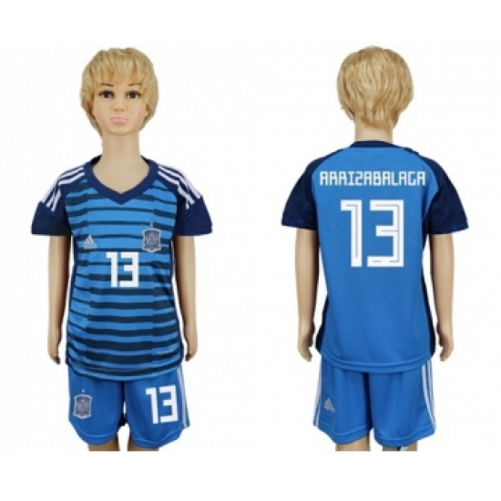 Spain #13 Arrizabalaga Blue Goalkeeper Kid Soccer Country Jersey