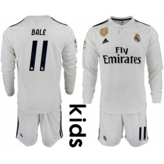 Real Madrid #11 Bale Home Long Sleeves Kid Soccer Club Jersey