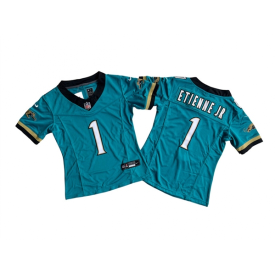 Women's Jacksonville Jaguars #1 Travis Etienne JR Teal 2024 F.U.S.E. Prowler Throwback Vapor Limited Football Stitched Jersey(Run Small) - Ujersey