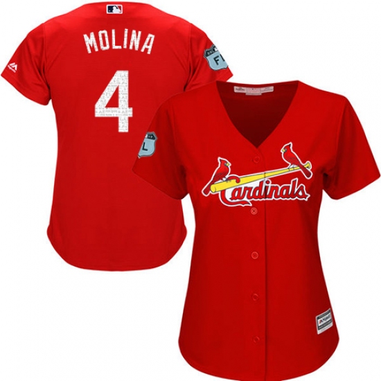 Women's Majestic St. Louis Cardinals #4 Yadier Molina Authentic Scarlet 2017 Spring Training Cool Base MLB Jersey - Ujersey