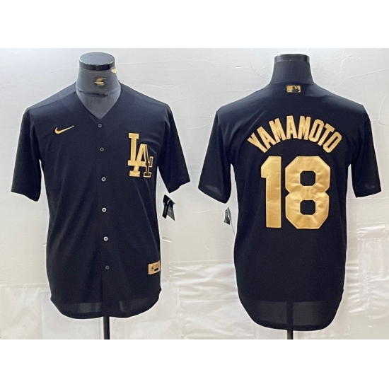 Men's Los Angeles Dodgers #18 Yoshinobu Yamamoto Black Gold Cool Base Stitched Jersey - Ujersey