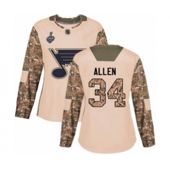Women's St. Louis Blues #34 Jake Allen Authentic Camo Veterans Day Practice 2019 Stanley Cup Final Bound Hockey Jersey - Ujersey