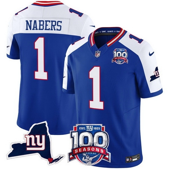 Men's New York Giants 1 Malik Nabers Royal 2024 F U S E 100th Season And State Vapor Limited Alternate Stitched Football Jersey - Ujersey