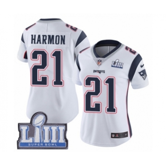 Women's Nike New England Patriots #21 Duron Harmon White Vapor Untouchable Limited Player Super Bowl LIII Bound NFL Jersey - Ujersey