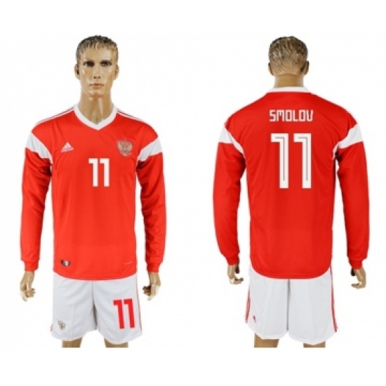 Russia #11 Smolov Red Home Long Sleeves Soccer Country Jersey