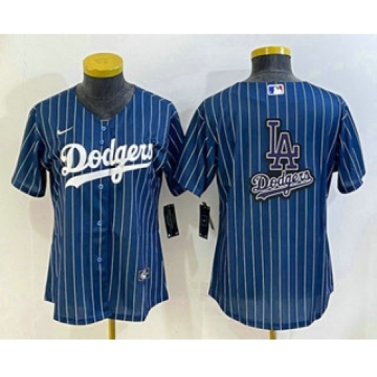 Women's Los Angeles Dodgers Big Logo Navy Blue Pinstripe Stitched MLB Cool Base Nike Jerseys - Ujersey