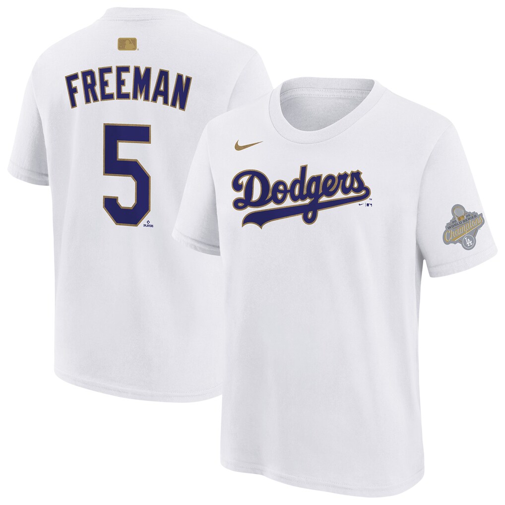 Youth Los Angeles Dodgers Freddie Freeman Nike White 2026 Gold Collection Name & Number T-Shirt - U-jersey