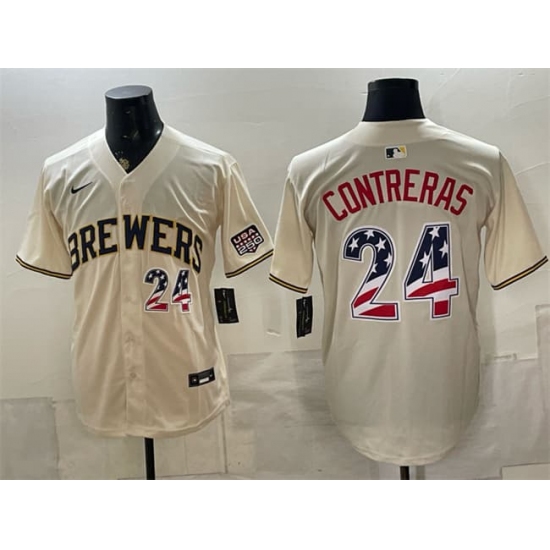Men's Milwaukee Brewers #24 William Contreras Cream 2026 USA 250 Fourth of July Home Stadium Stitched Baseball Jersey