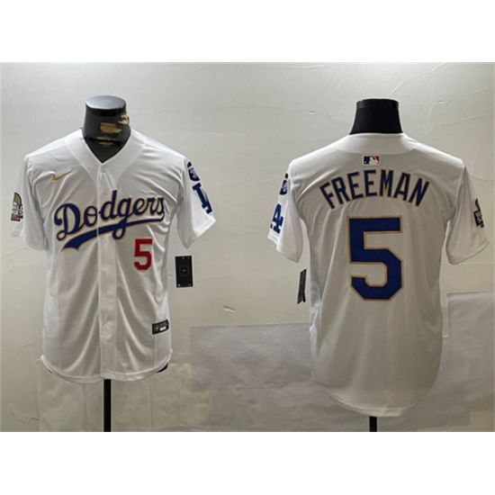 Men's Los Angeles Dodgers #5 Freddie Freeman White Gold 2024 World Series With Fernando Memorial Home Limited Stitched Baseball Jersey