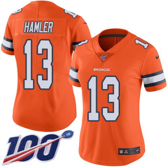Women's Denver Broncos #13 KJ Hamler Orange Stitched Limited Rush 100th Season Jersey - Ujersey