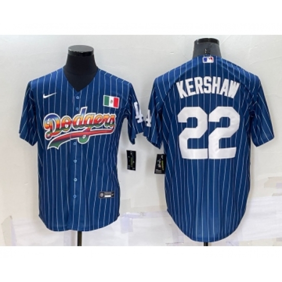 Men's Los Angeles Dodgers #22 Clayton Kershaw Rainbow Blue Red Pinstripe Mexico Cool Base Nike Jersey - Ujersey
