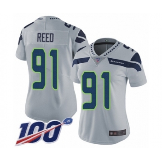 Women's Seattle Seahawks #91 Jarran Reed Grey Alternate Vapor Untouchable Limited Player 100th Season Football Jersey - Ujersey