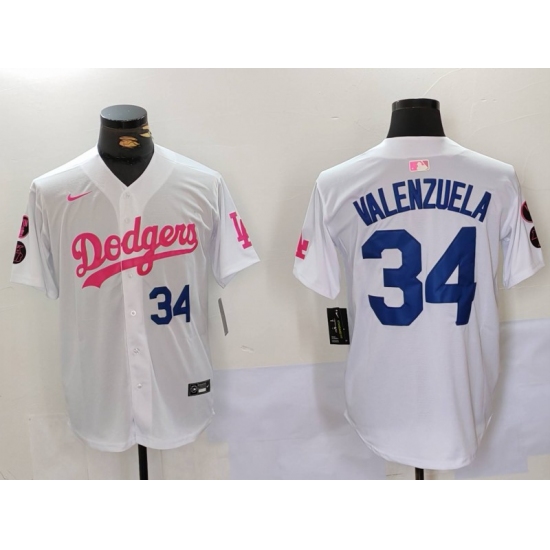 Men's Los Angeles Dodgers #34 Fernando Valenzuela White Pink Vin & Kobe Stitched Baseball Jerseys