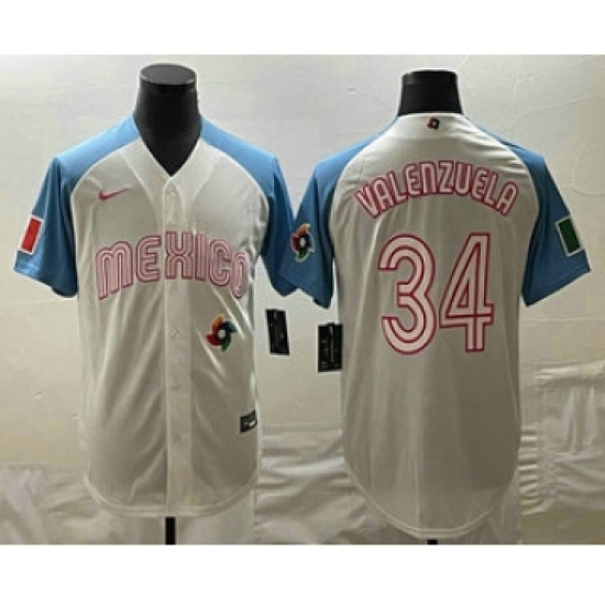 Men's Mexico Baseball #34 Fernando Valenzuela 2023 White Blue World Classic Stitched Jersey