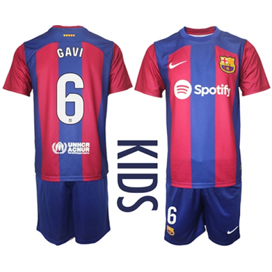 Youth Barcelona #6 Gavi Blue Red 2023-24 Home Soccer Jersey