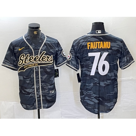 Men's Pittsburgh Steelers #76 Troy Fautanu Grey Camo With Cool Base Stitched Baseball Jersey - Ujersey