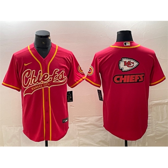 Men's Kansas City Chiefs Red Team Big Logo With Cool Base Stitched Baseball Jersey - Ujersey